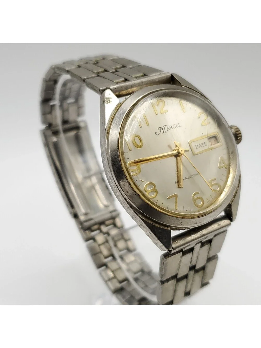 Vintage Mens Marcel Watch Running Fast Silver Tone Day/Date Dial